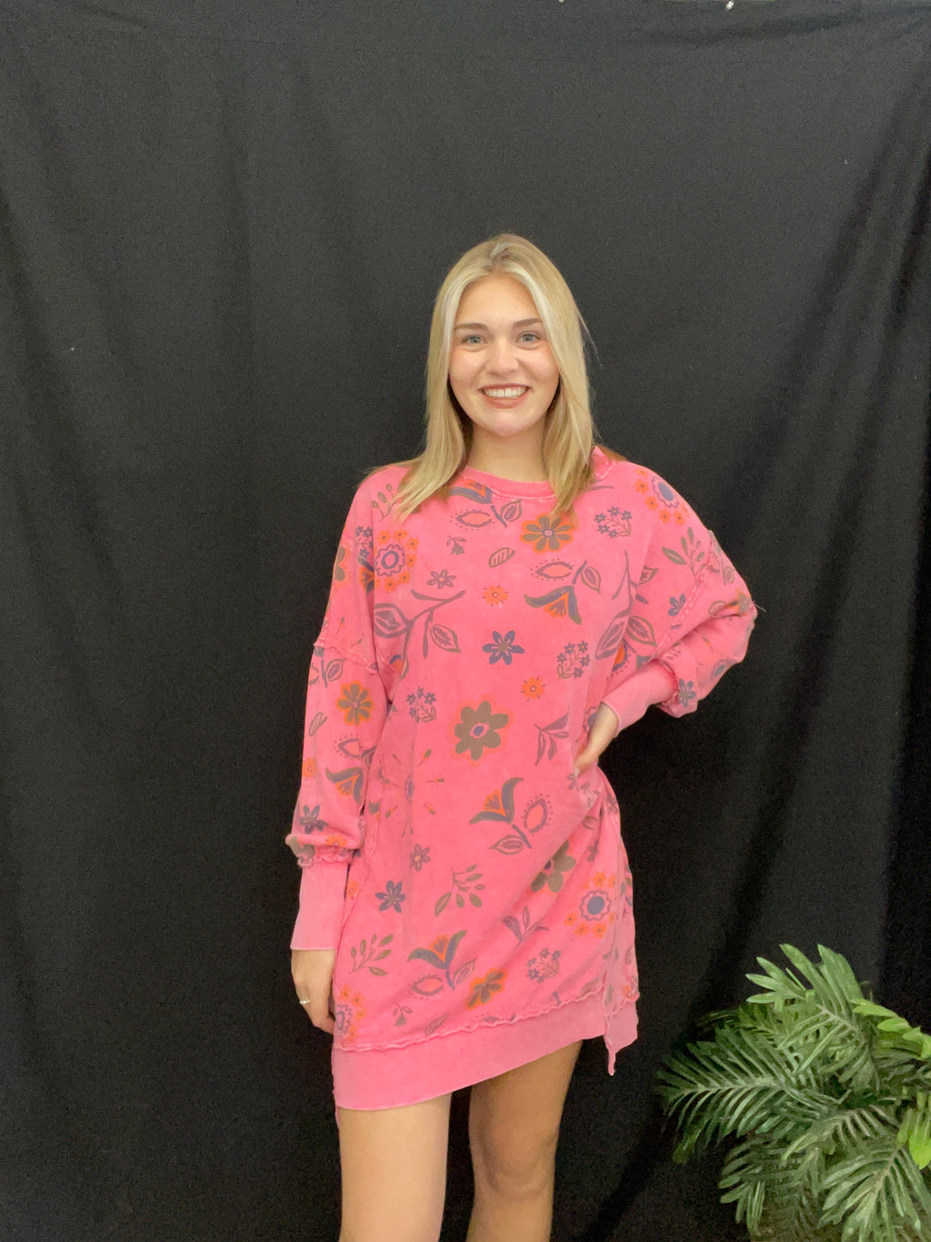Candy Pink Flower Printed Terry Knit Dress