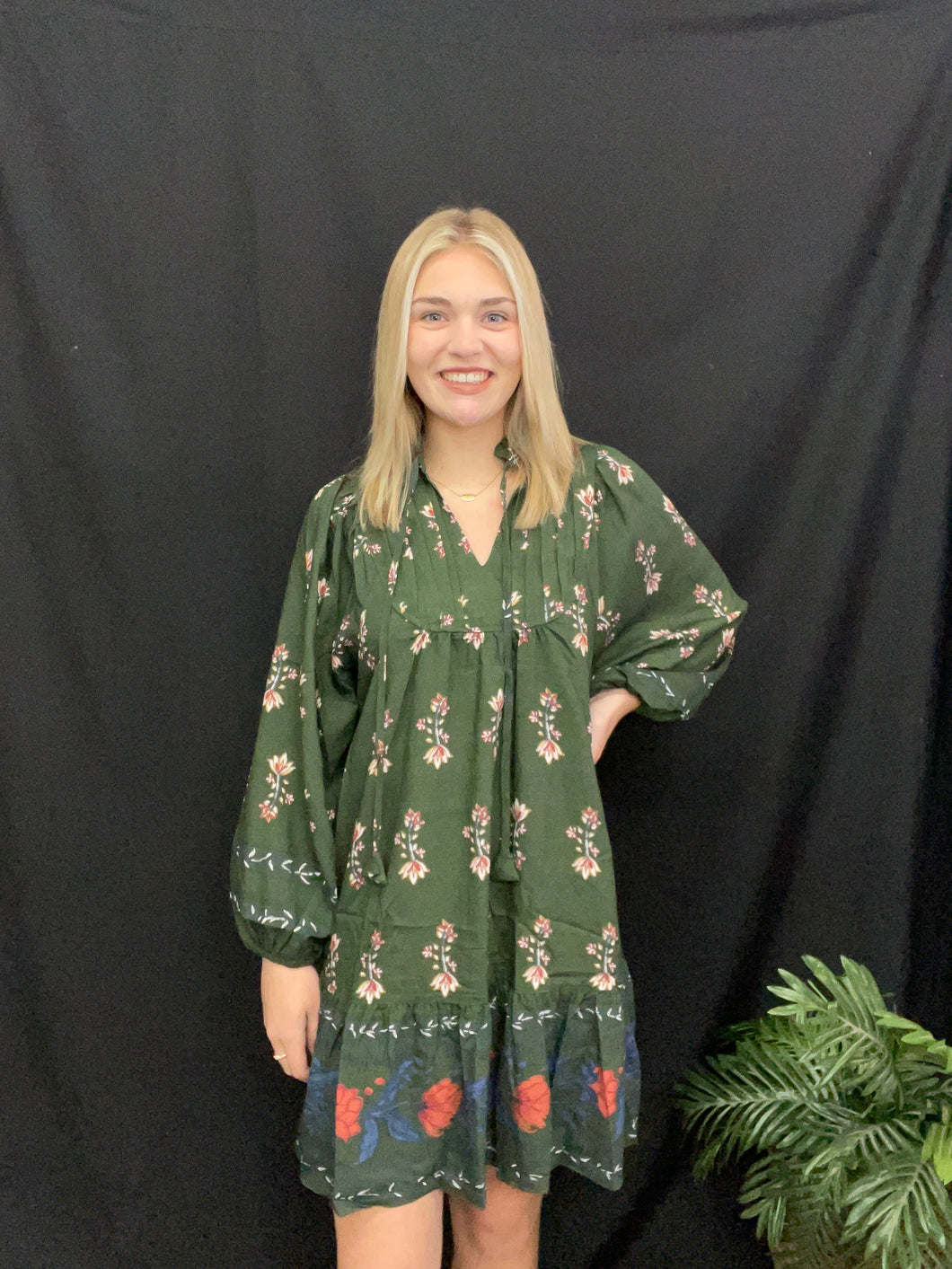 Green Floral Boarder Print Dress