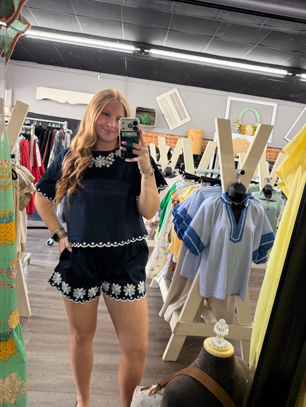Navy Floral Embroidered Shorts Set