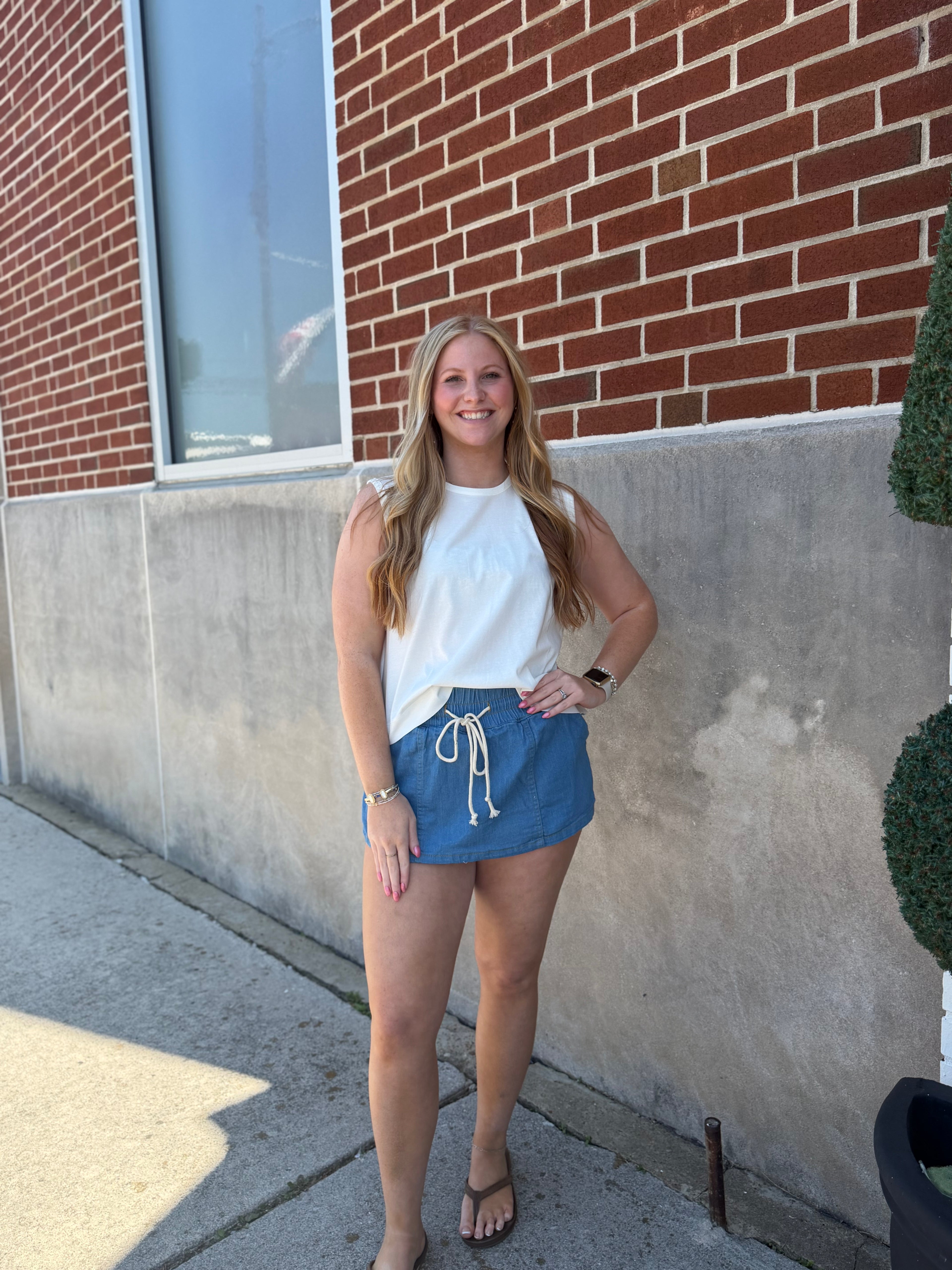 Drawstring Waist Denim Skort
