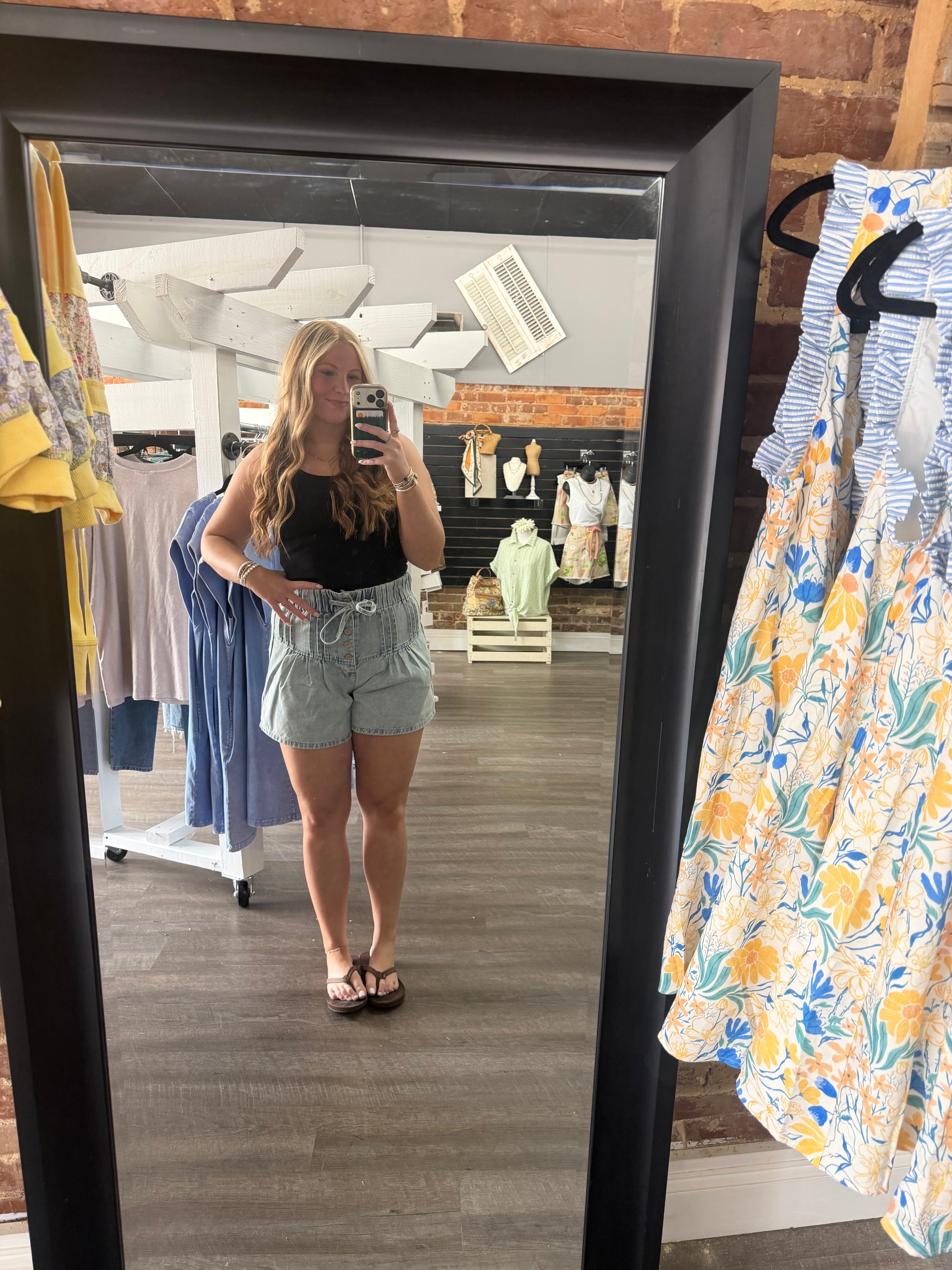 Denim Pintuck Flare Shorts