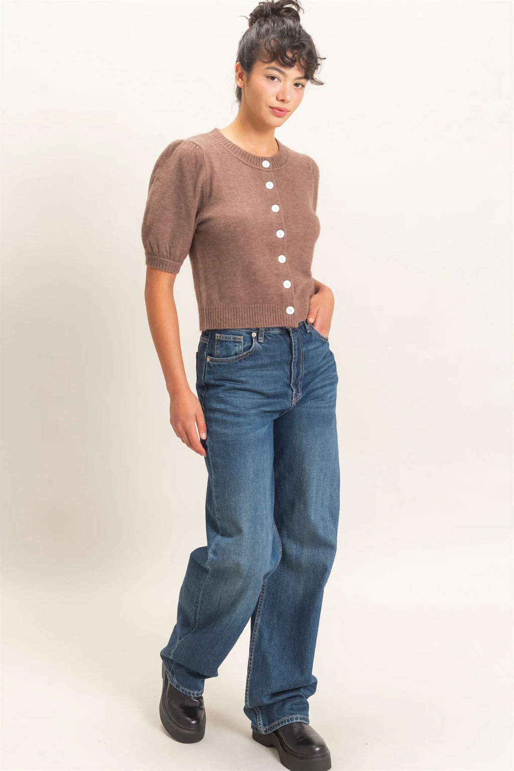 Brown Button Front Puff Short Sleeve Cardigan