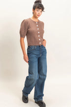 Brown Button Front Puff Short Sleeve Cardigan