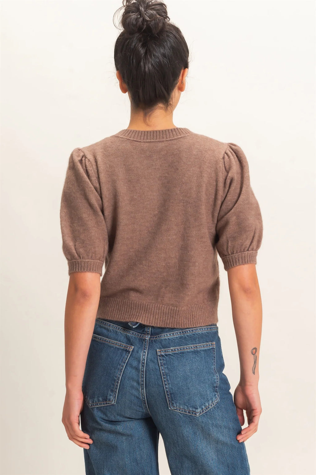 Brown Button Front Puff Short Sleeve Cardigan