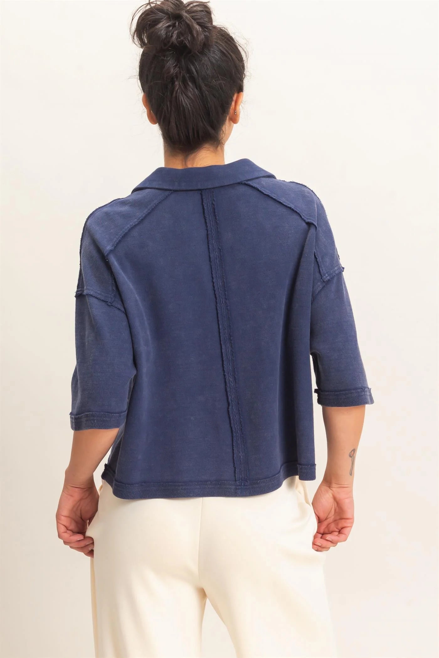 Navy Collar Short Sleeve Top