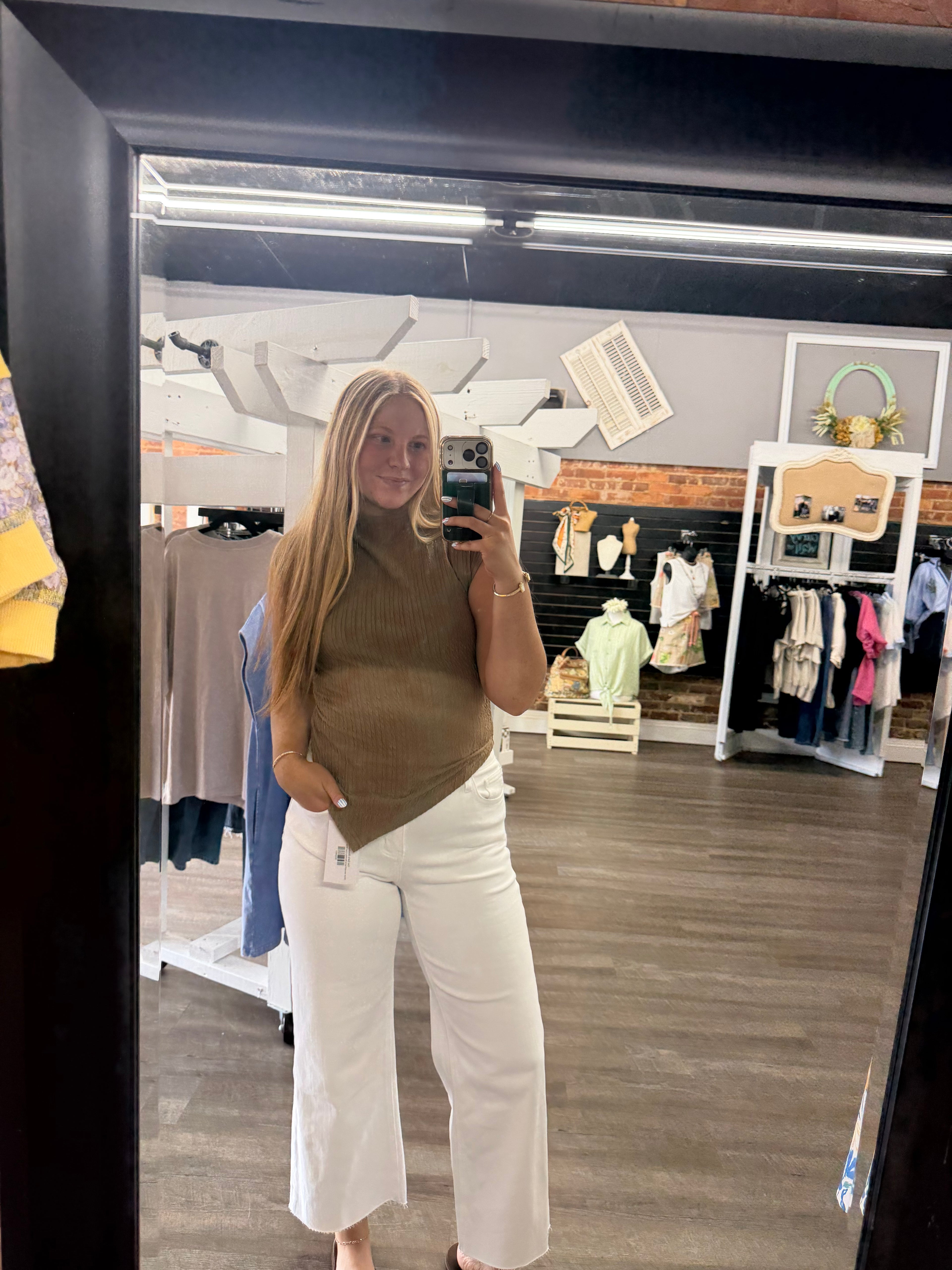 MOCHA ASYMMETRICAL HEM MOCK NECK SLEEVELESS KNIT TOP