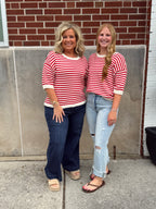Red Stripe Knit Short Sleeve Sweater