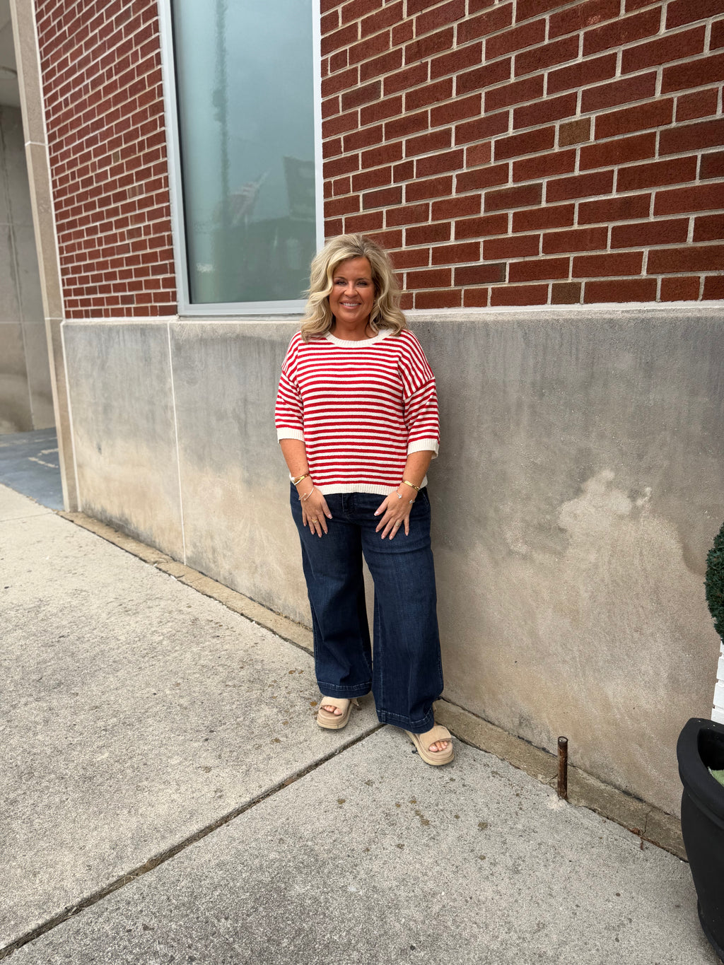 Red Stripe Knit Short Sleeve Sweater