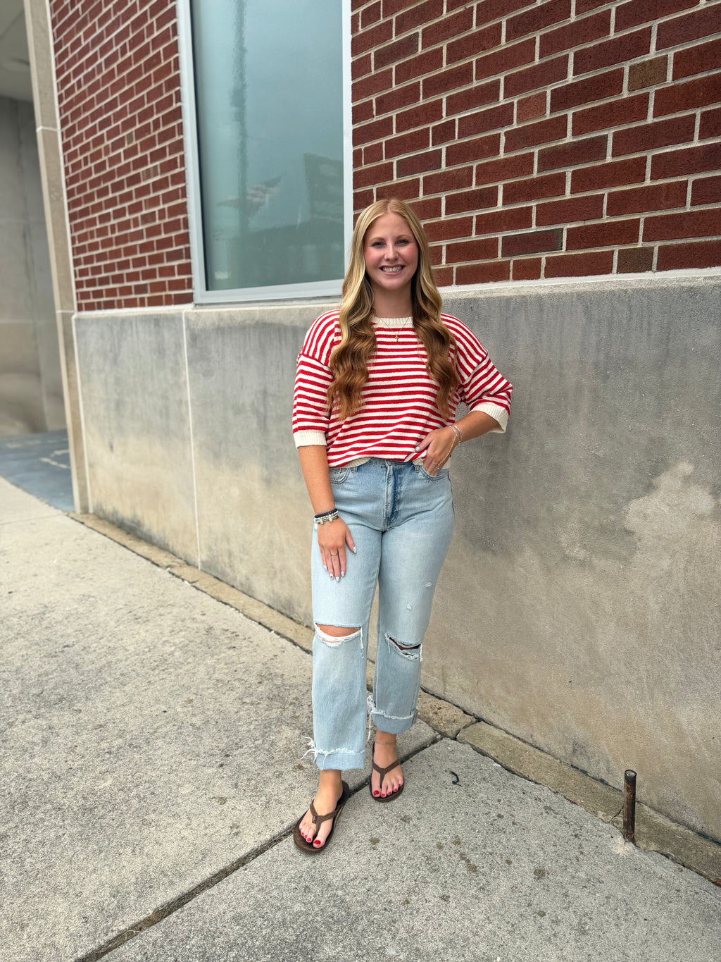 Red Stripe Knit Short Sleeve Sweater