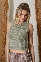Olive Washed Cable Knit Sleeveless Top