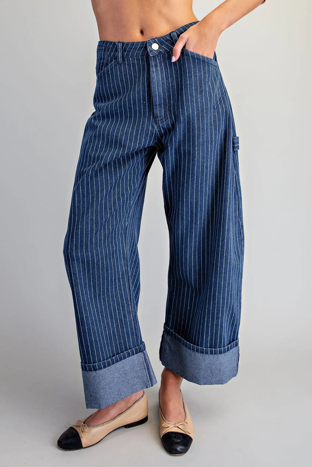 Denim Striped Barrel Leg Cuffed Pants