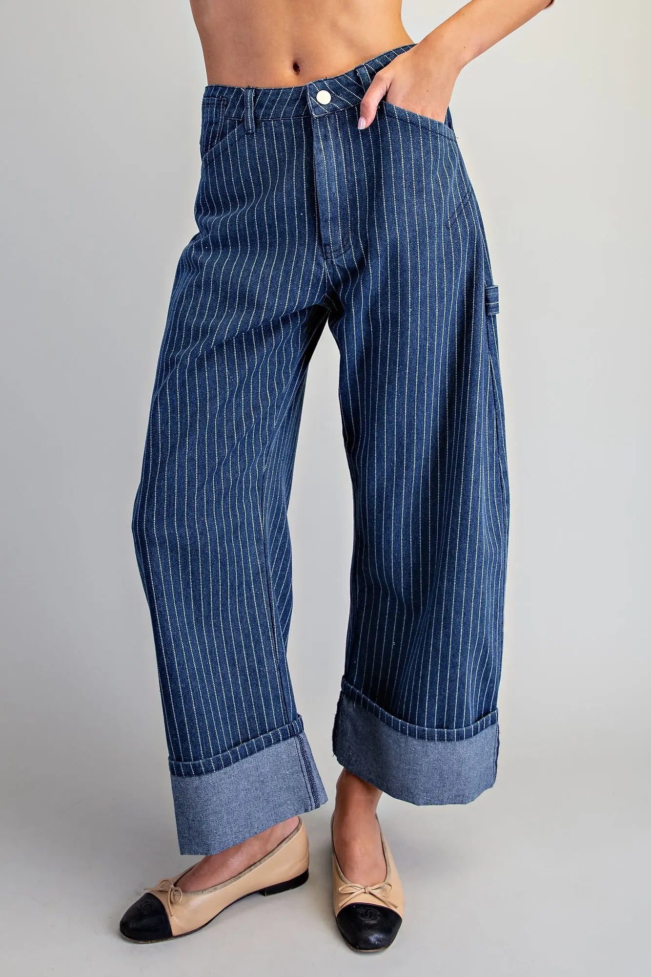 Denim Striped Barrel Leg Cuffed Pants