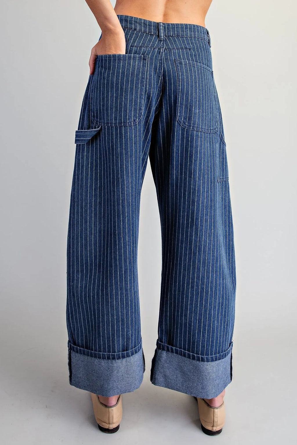 Denim Striped Barrel Leg Cuffed Pants