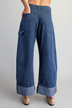 Denim Striped Barrel Leg Cuffed Pants