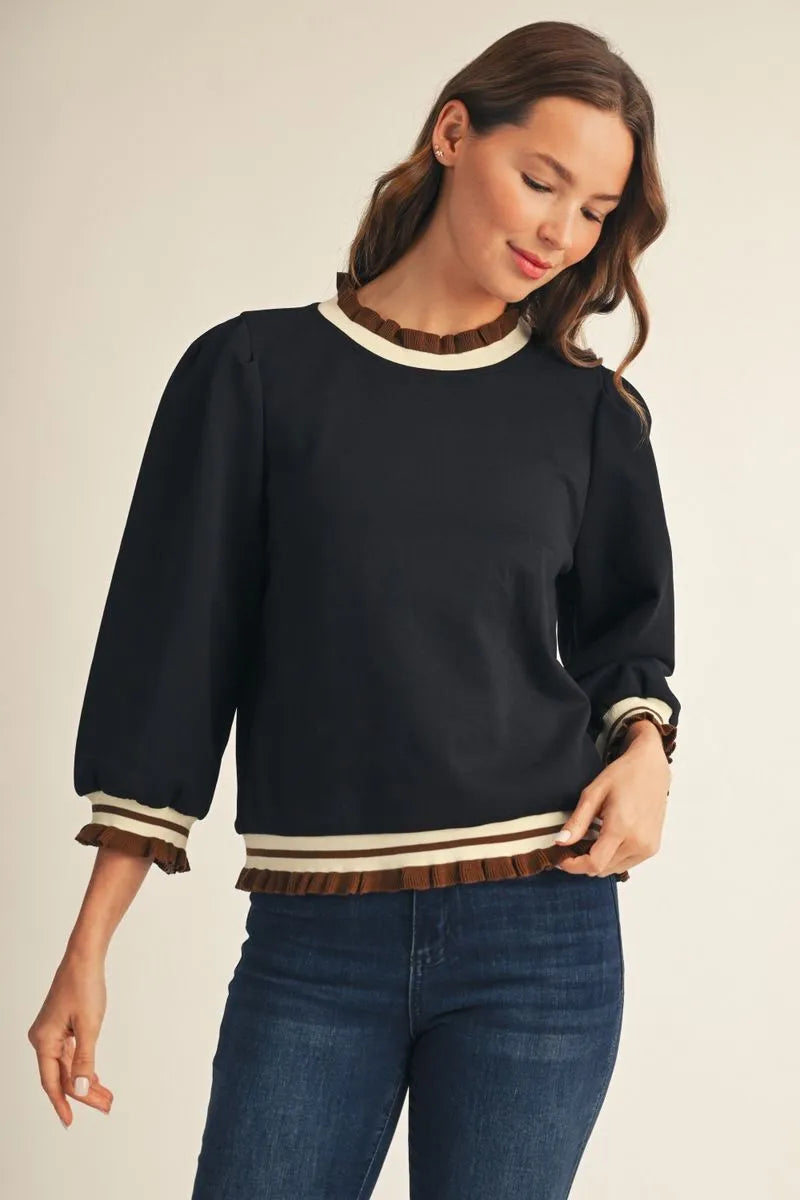 Color Ruffle Trim 3/4 Sleeve Top