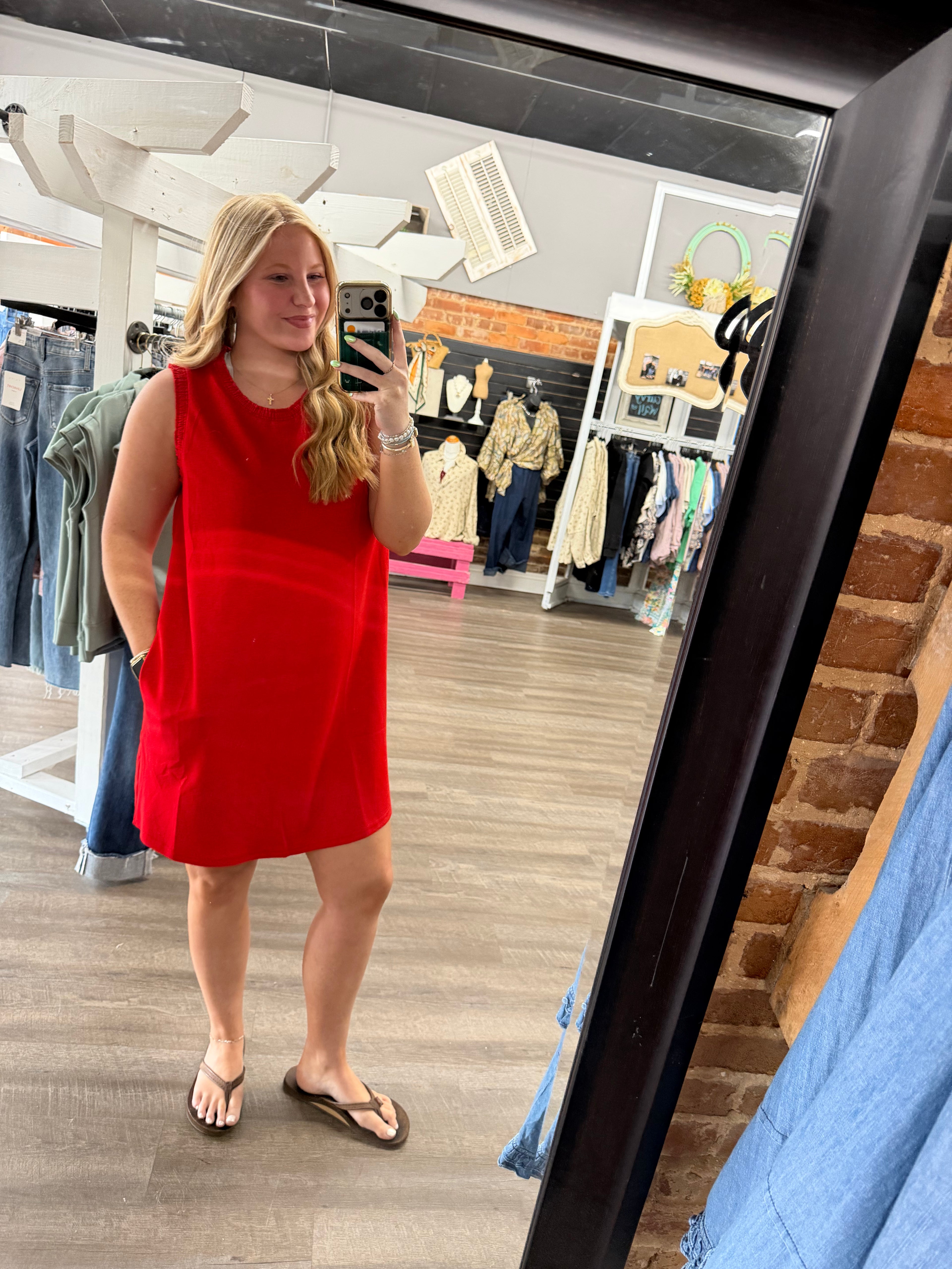Red Shift Dress with Smocking Edge