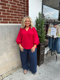 Curvy Red Textured Scalloped Hem Top