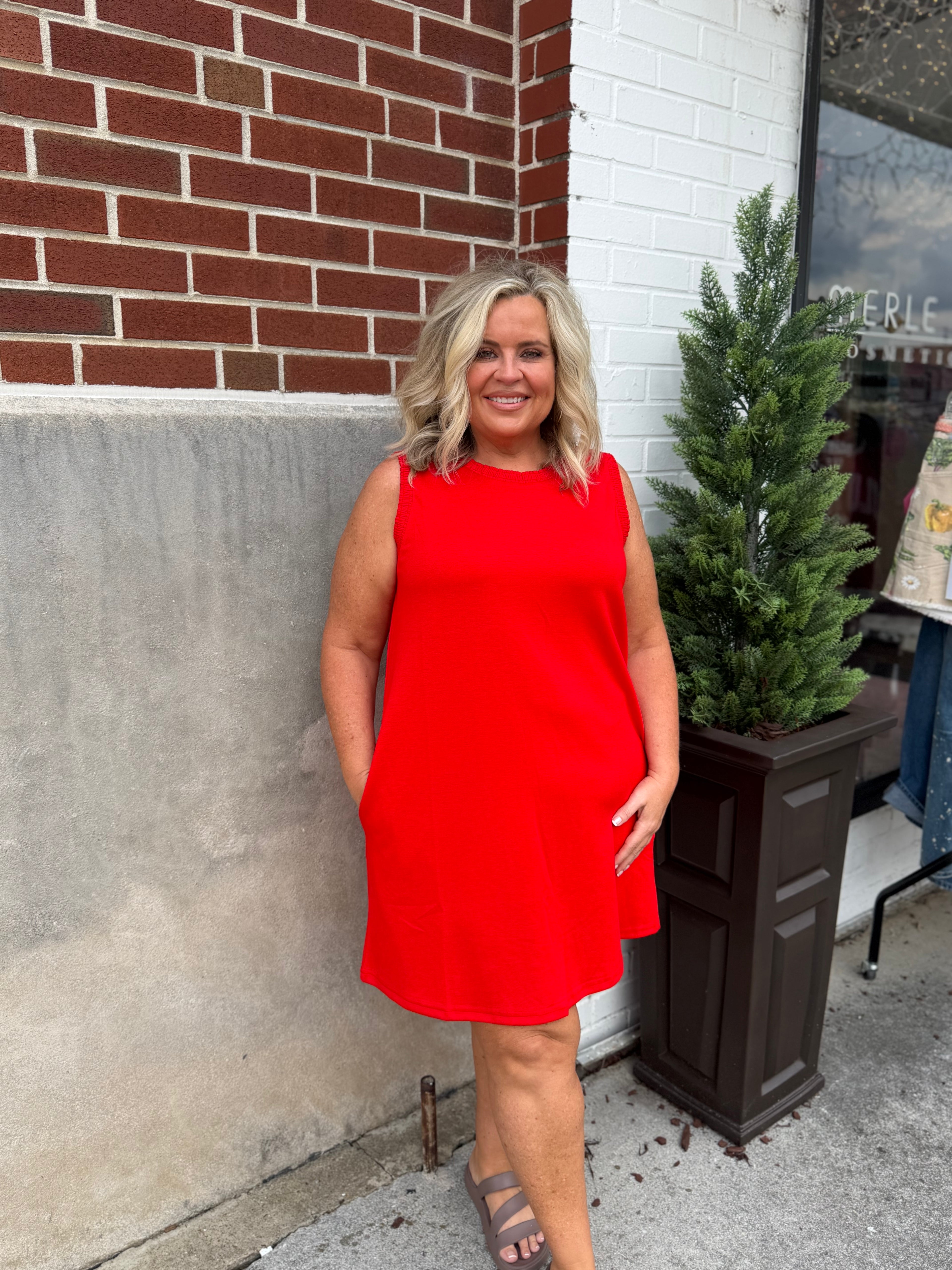 Red Shift Dress with Smocking Edge