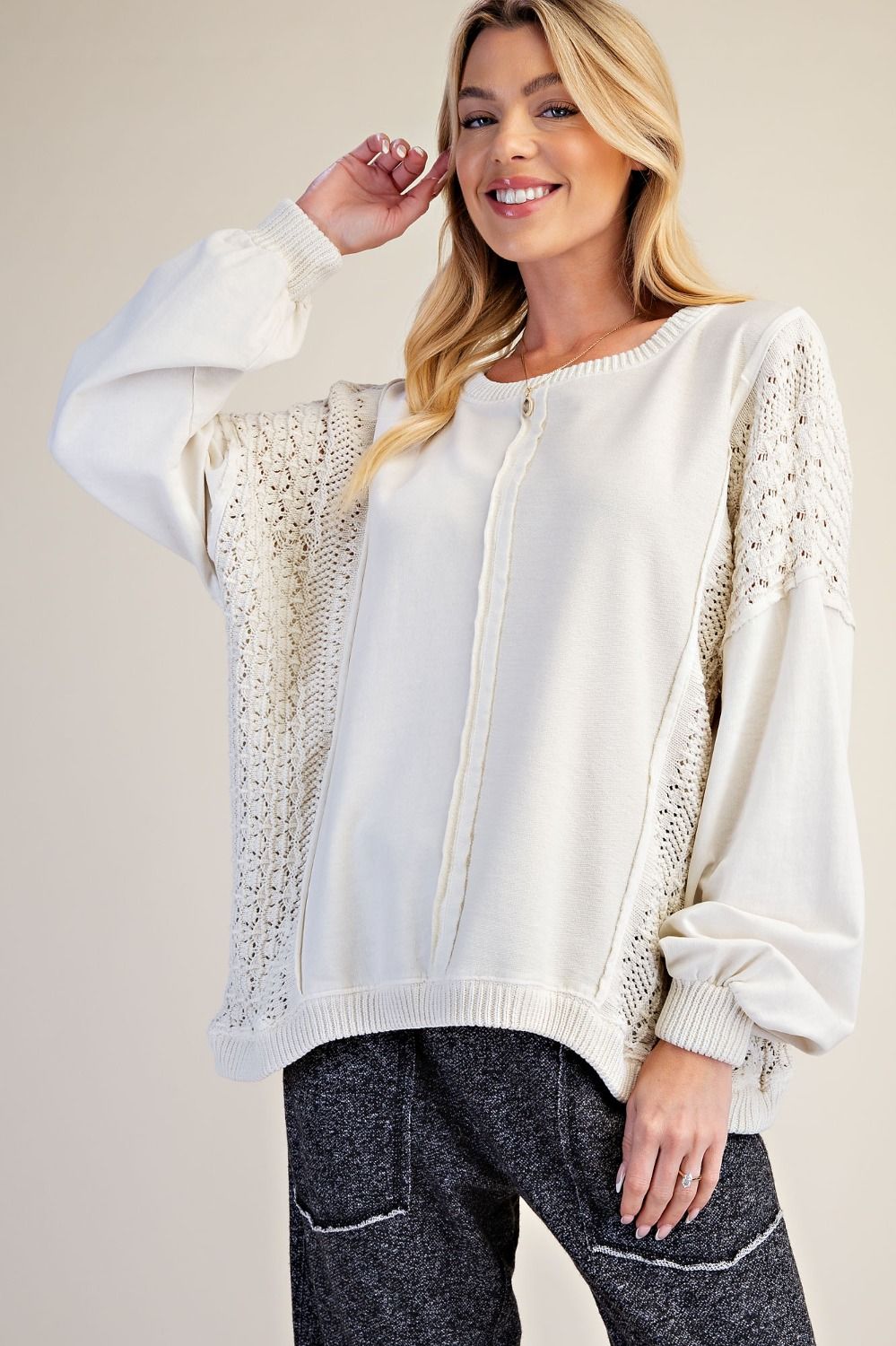 Ecru Crochet Knit Pullover