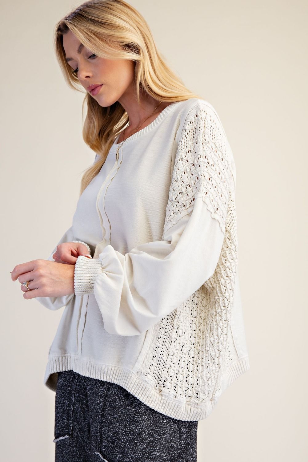 Ecru Crochet Knit Pullover