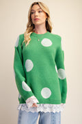 Green Polka Dot Sweater with Lace Trim