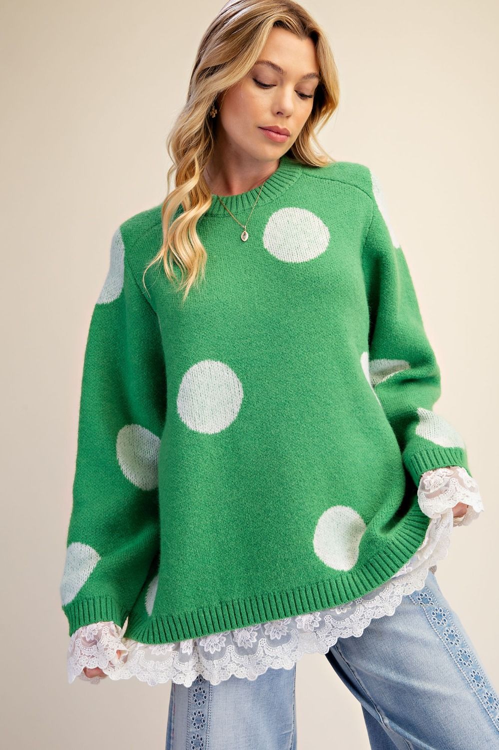Green Polka Dot Sweater with Lace Trim