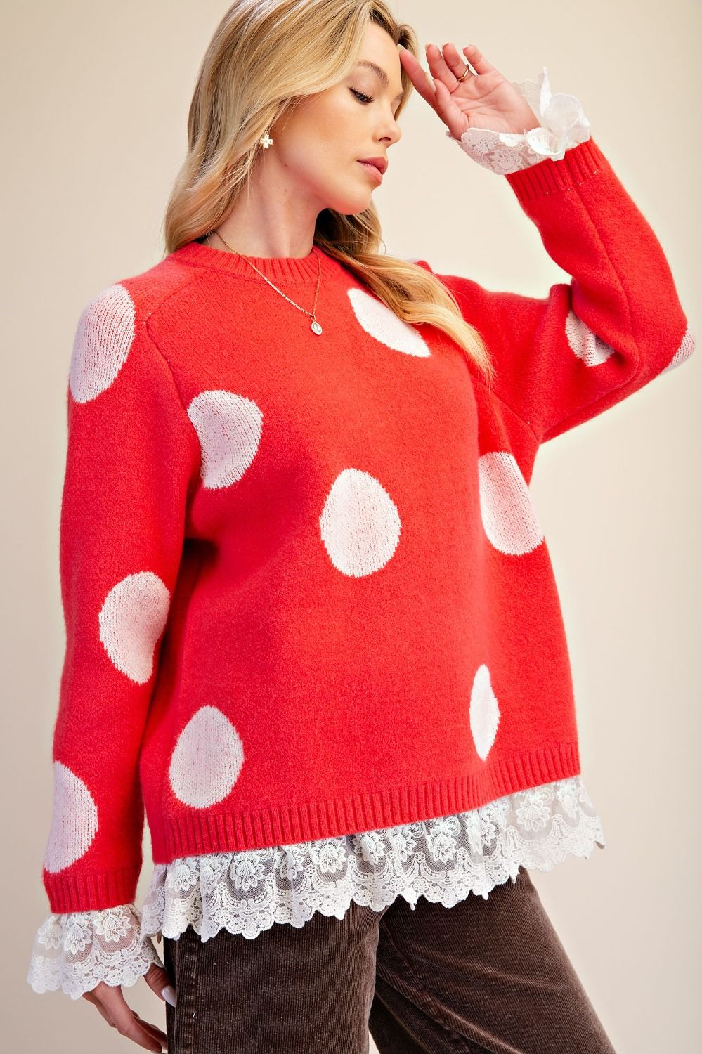 Coral Polka Dot Sweater With Lace Trim