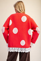 Coral Polka Dot Sweater With Lace Trim