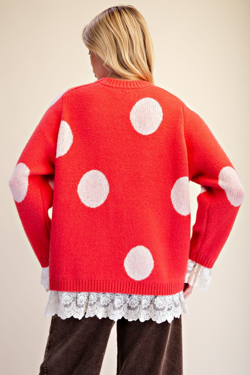 Coral Polka Dot Sweater With Lace Trim