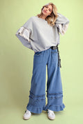 Grey Ruffle Sleeve Terry Knit Pullover