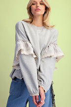 Grey Ruffle Sleeve Terry Knit Pullover
