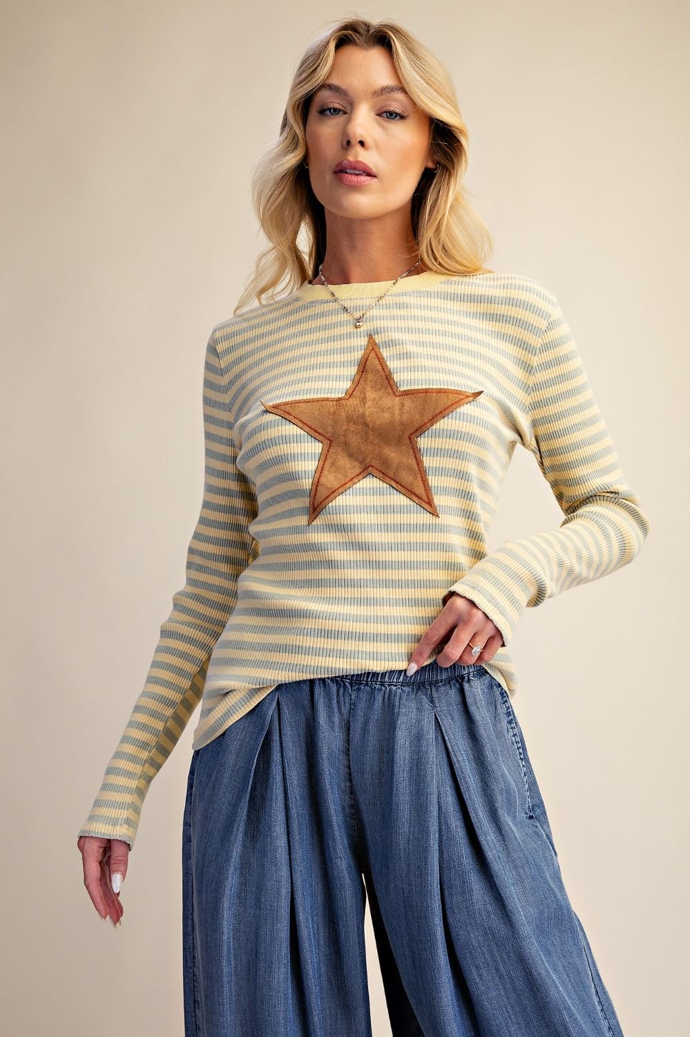 Banana Stripe Rib Knit Star Patch Top