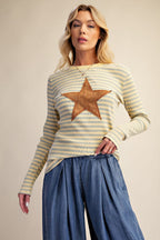 Banana Stripe Rib Knit Star Patch Top