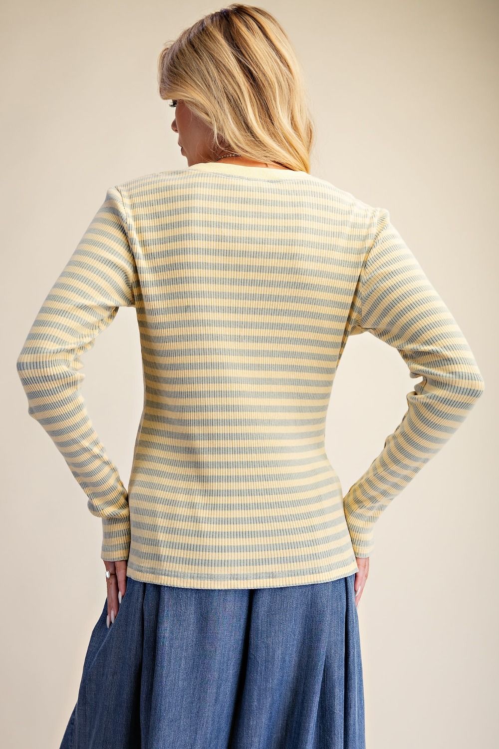Banana Stripe Rib Knit Star Patch Top