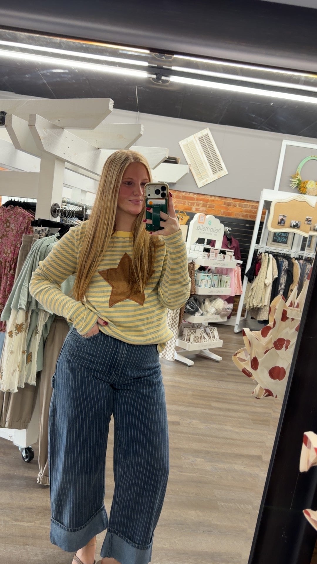 Banana Stripe Rib Knit Star Patch Top