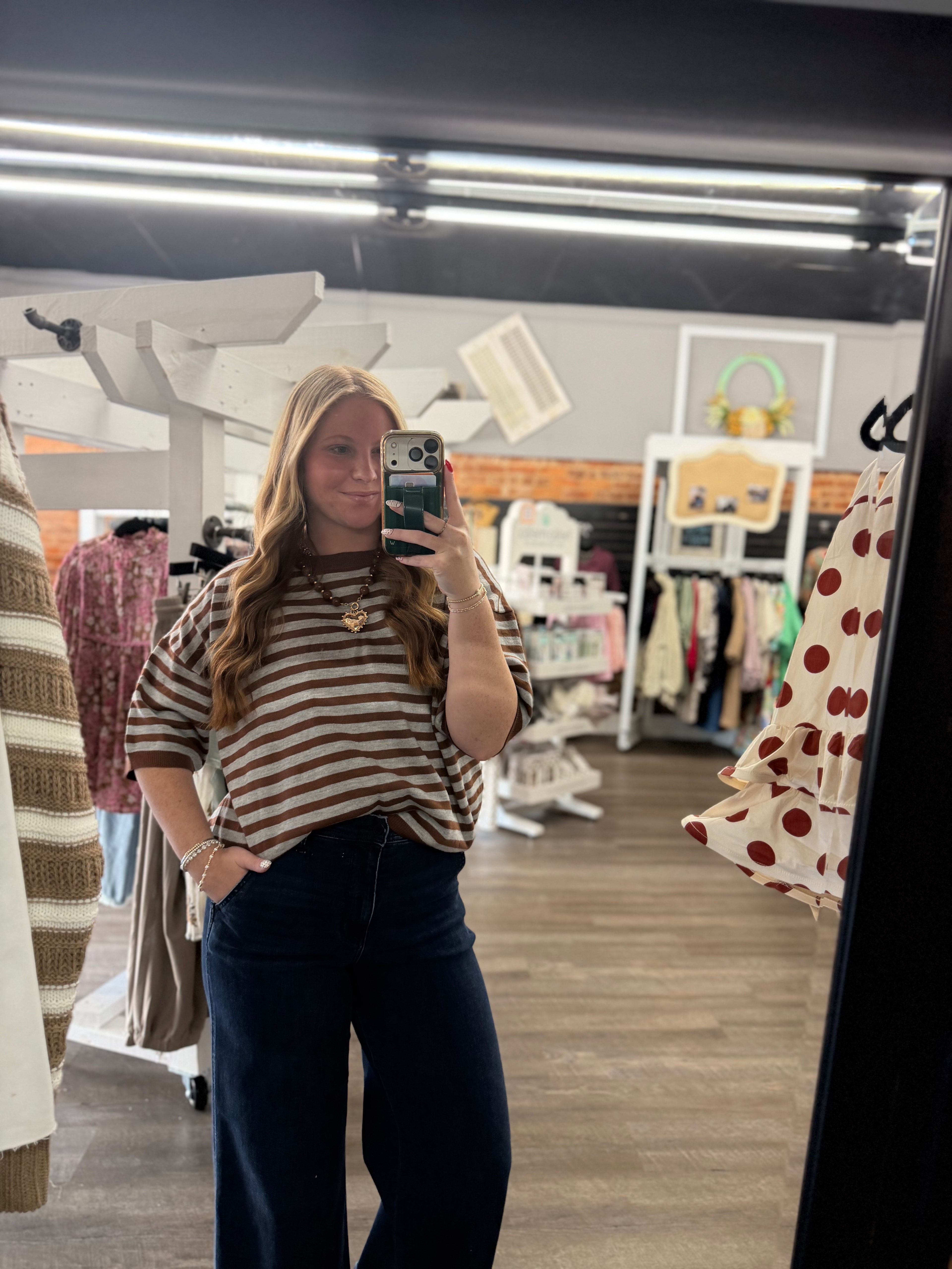 Brown Striped 3/4 Sleeve Sweater