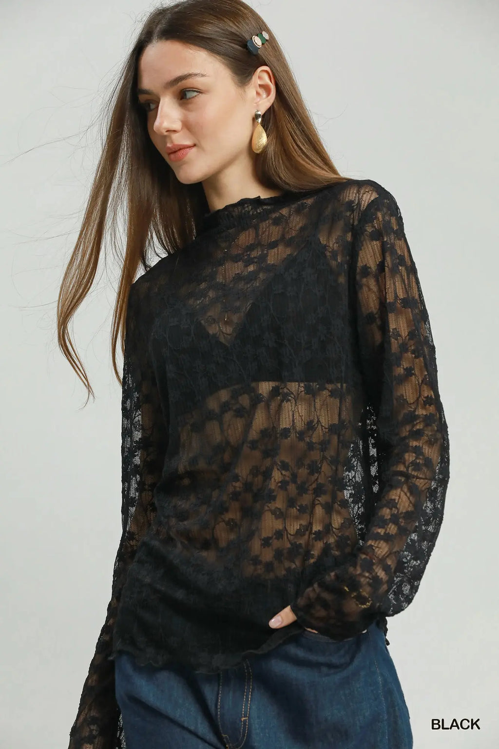Black Sheer Floral Lace Top