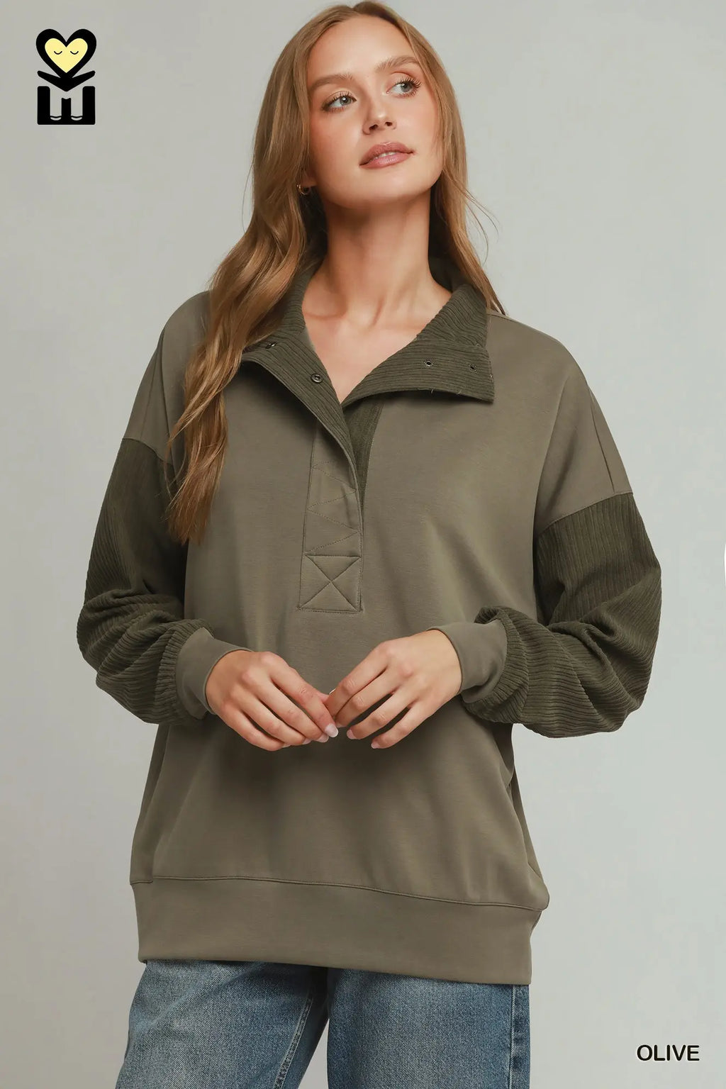 Olive Pullover with Corduroy Contrast