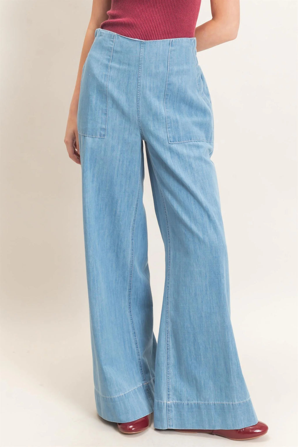 Wide-Leg Light Denim Pants