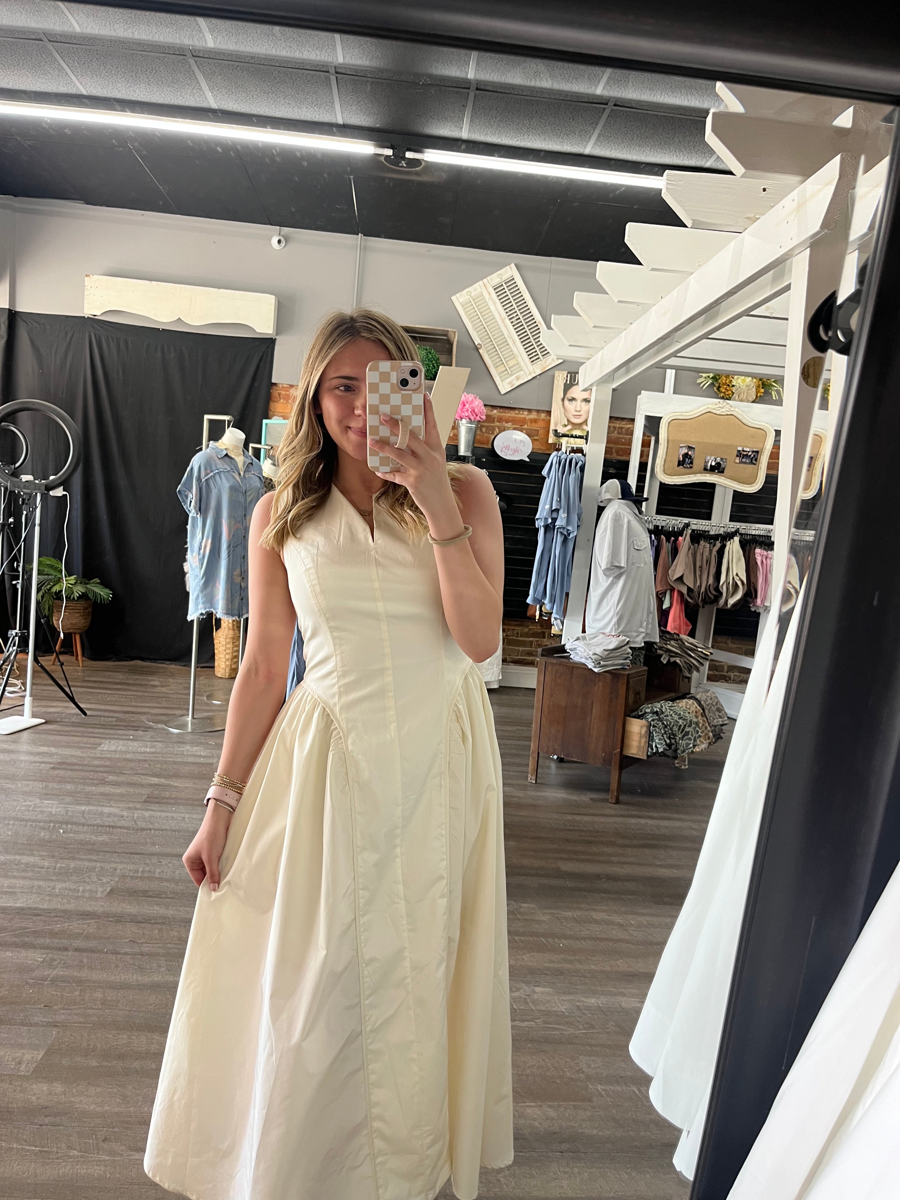 Cream Split Neck Side Gather Dress