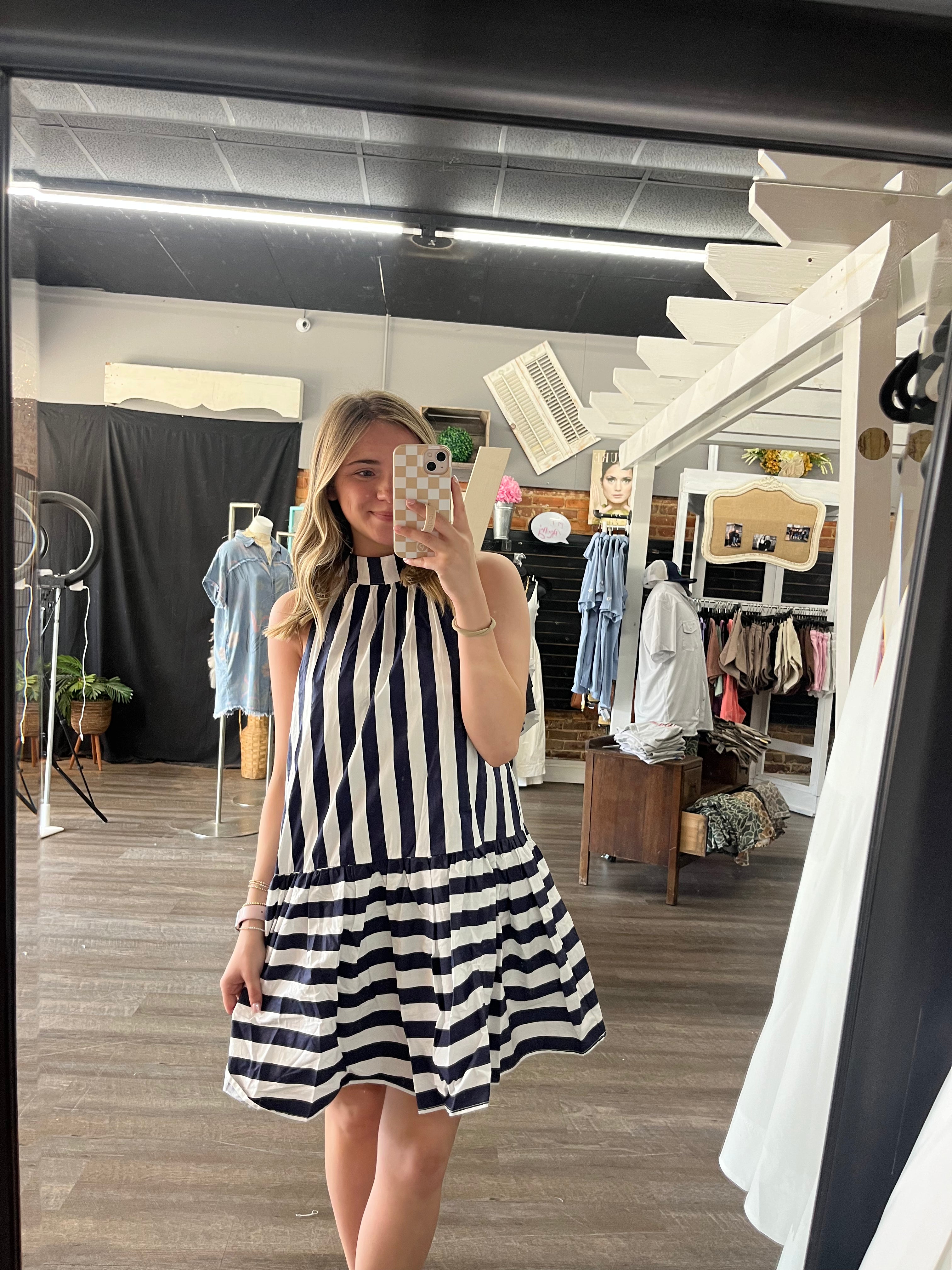 Navy Striped Halter Neck Dress