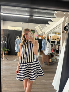 Navy Striped Halter Neck Dress