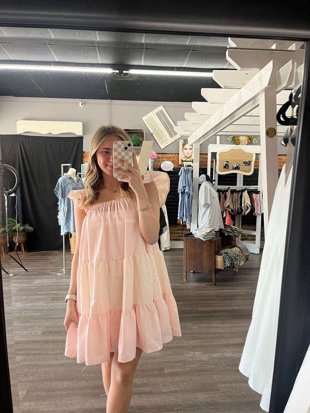 Peach Striped Ruffle Detail Mini Dress